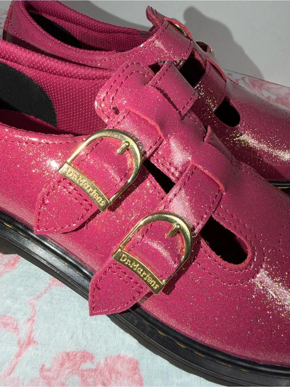 Dr. Martens Kids Glitter Mary Jane Shoes in Hot Pink